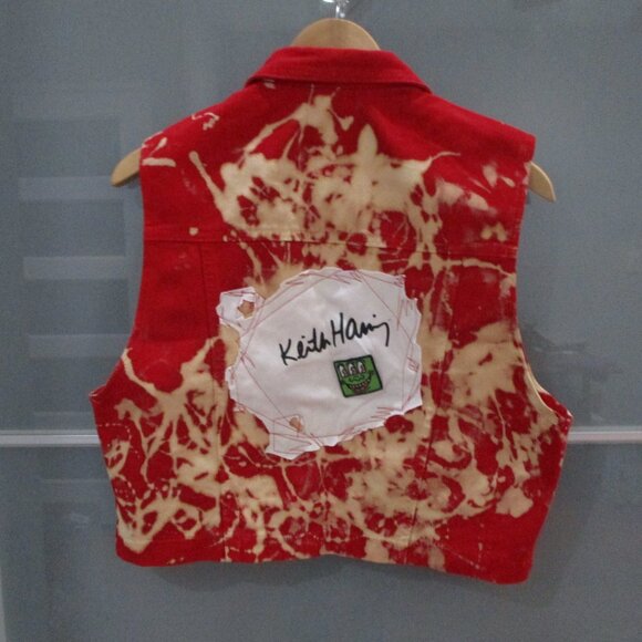 Keith Haring Collection Red Denim Bleach Splattered Vest - Picture 2 of 6